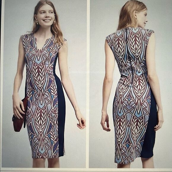 Anthropologie HD in Paris Blue Cleo Jacquard Sheath Knit Panel Dress Sz Small - Picture 1 of 14